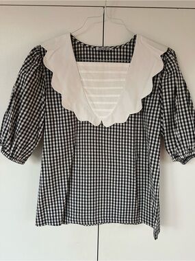 Batsheva Black Gingham Puff-Sleeve Top with Scalloped White Collar by Batsheva